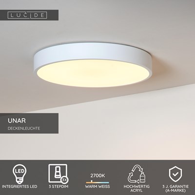 Lucide UNAR - Deckenleuchte - Ø 39,5 cm - LED 3 StepDim - 1x24W 2700K - Weiß